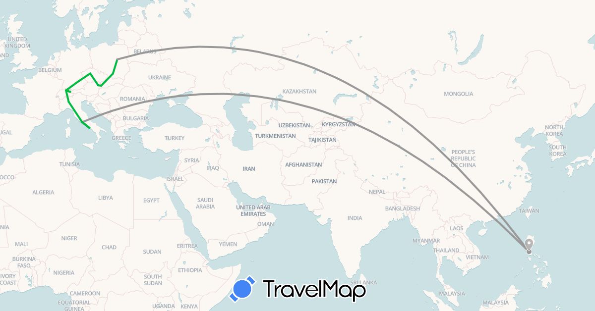 TravelMap itinerary: driving, bus, plane in Austria, Switzerland, Czech Republic, Italy, Liechtenstein, Philippines, Poland, Slovakia (Asia, Europe)