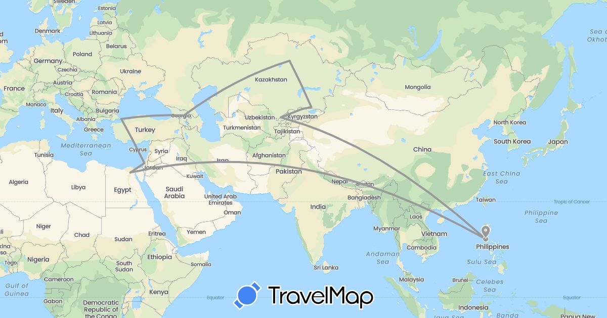 TravelMap itinerary: driving, plane in Egypt, Georgia, Israel, Kyrgyzstan, Kazakhstan, Philippines, Turkey, Uzbekistan (Africa, Asia)