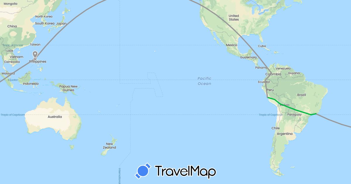 TravelMap itinerary: driving, bus, plane in Bolivia, Brazil, Colombia, Ecuador, Peru, Philippines (Asia, South America)